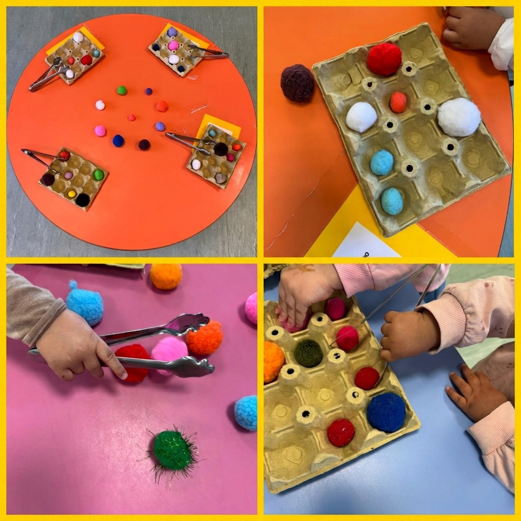 Niños practicando psicomotricidad fina usando pinzas para clasificar pompones de colores en hueveras.