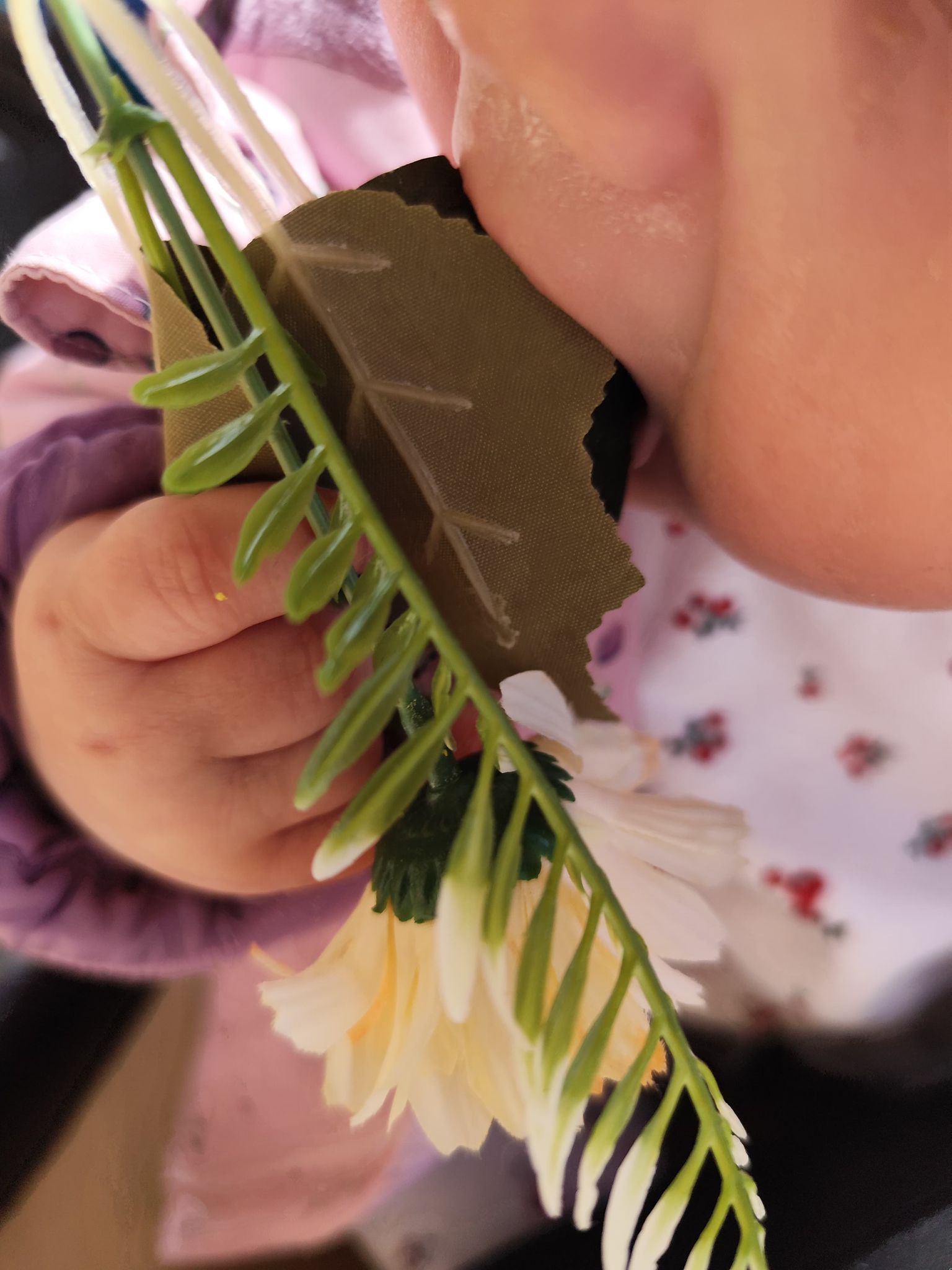 Bebé de la escuela infantil El Columpio explorando la textura de una flor amarilla en una actividad multisensorial.
