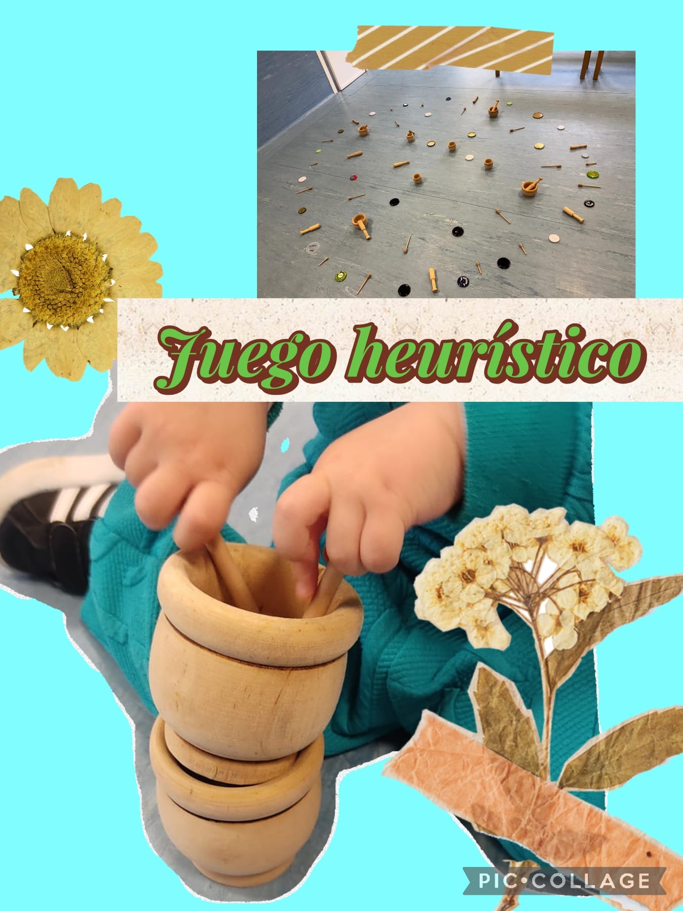 Bebé realizando juego heurístico con cuencos de madera y materiales naturales en El Columpio de Loeches.