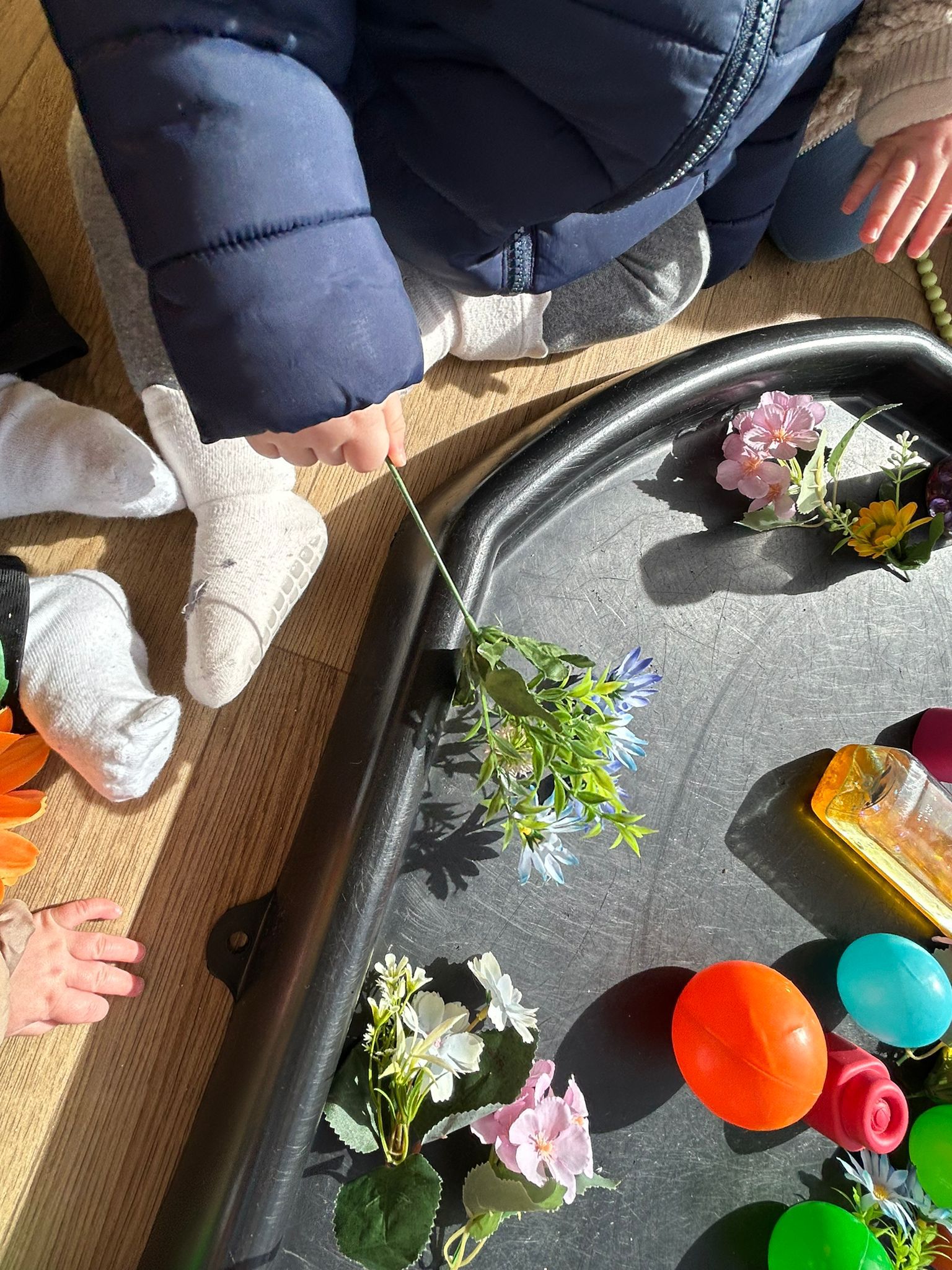 Plano de detalle de un bebé de la escuela infantil El Columpio observando y tocando una flor blanca con pétalos amarillos.
